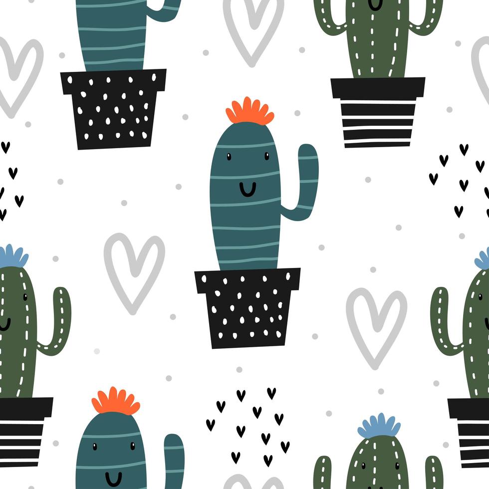 lindo patrón con dibujo de cactus. Elementos divertidos del jardín botánico dibujado a mano sin costura. vector