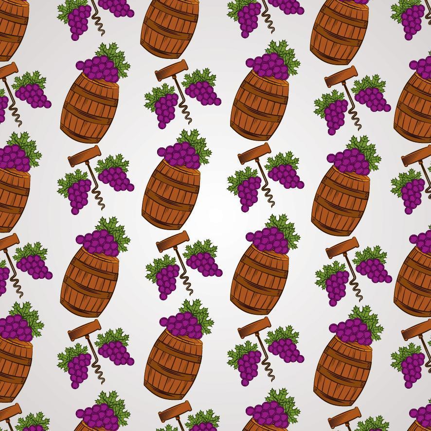 patrón de vino con barriles y uvas vector