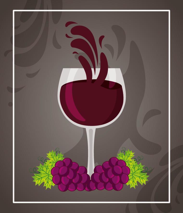 cartel de vino con copa llena y uvas. vector