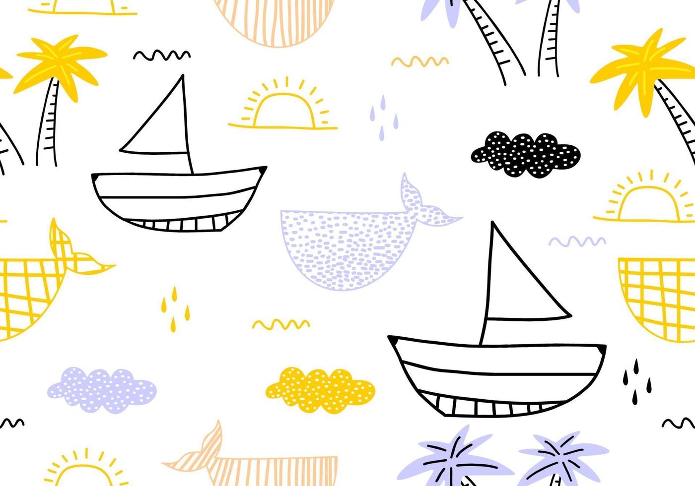 Seamless pattern with ships, fish, sun, clouds, sea and waves in the concept of children's drawings. vector