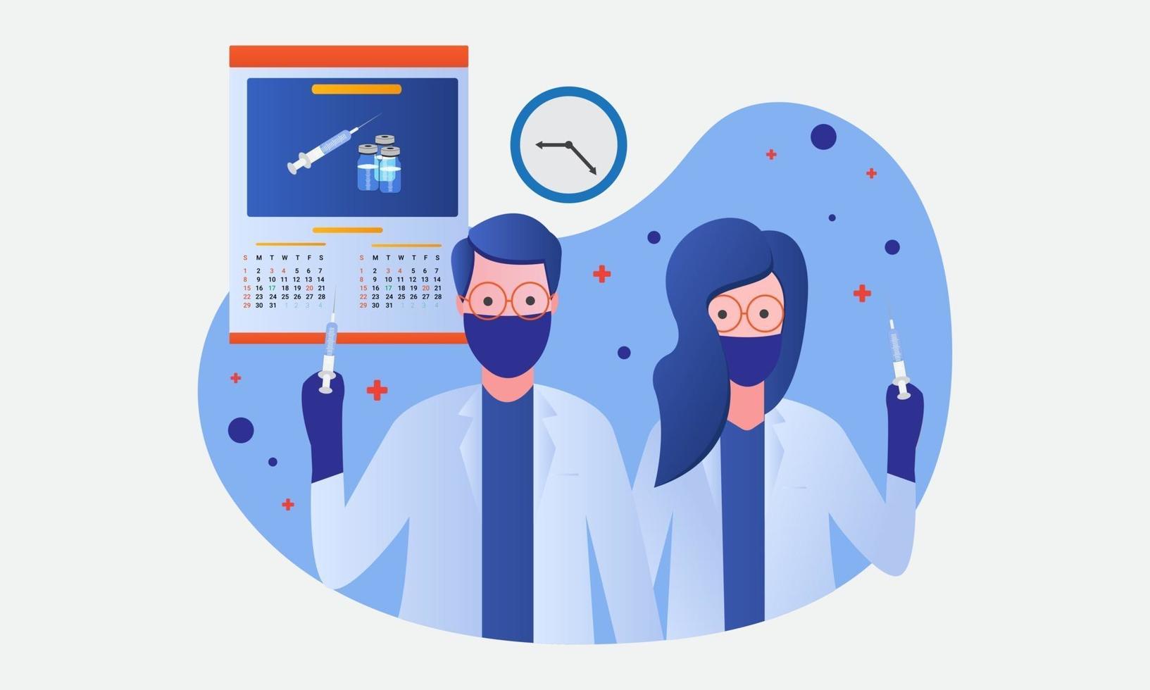 Coronavirus Covid 19 vaccine day flat design illustration. Male doctor and female doctor ready to inject vaccines vector