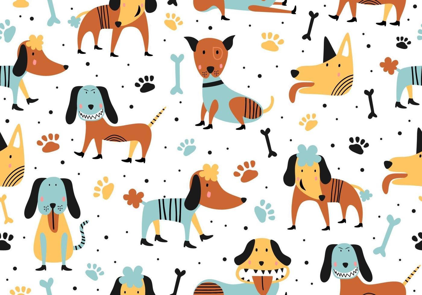 perros lindos infantiles. Ilustración de vector de dibujos animados de patrones sin fisuras animal infantil.