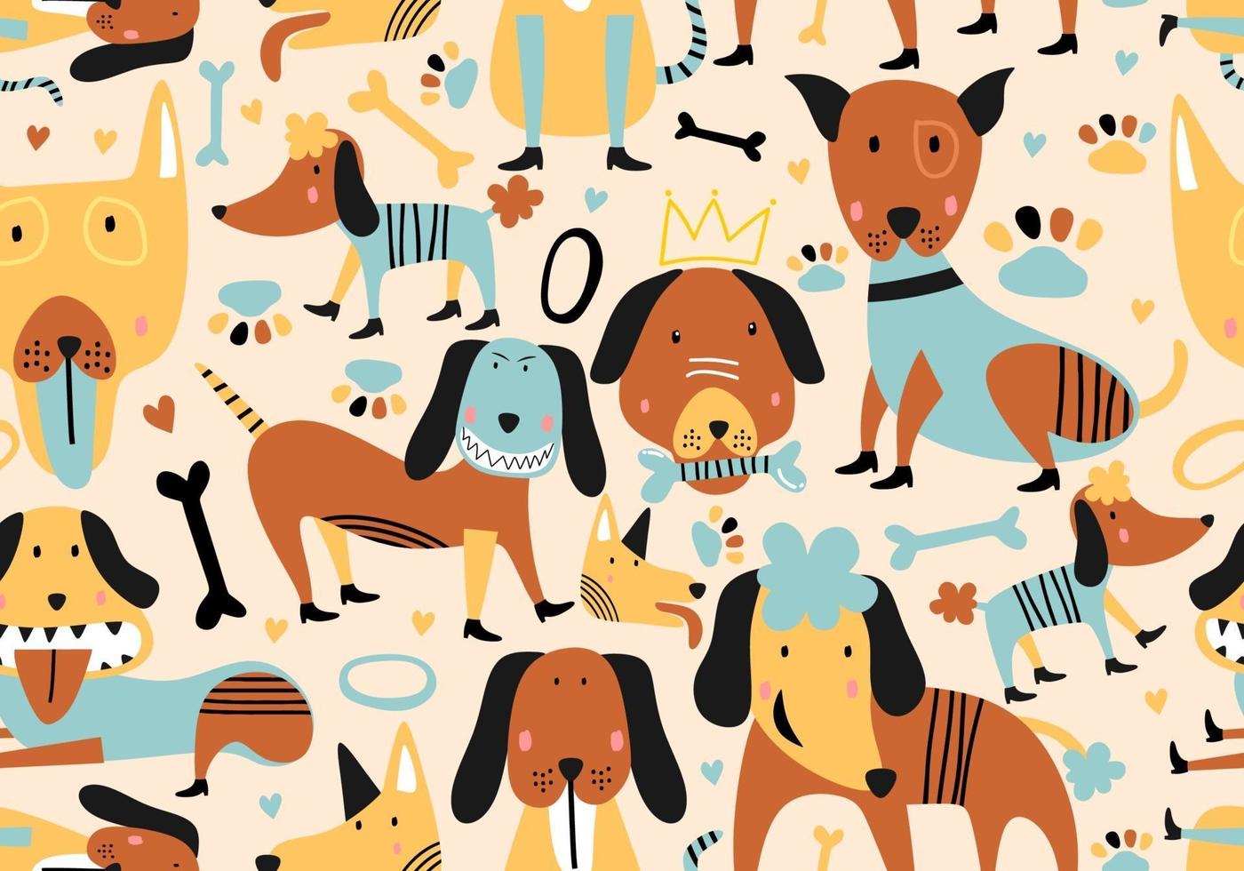 Cute dogs. Childish animal seamless pattern cartoon vector illustration.