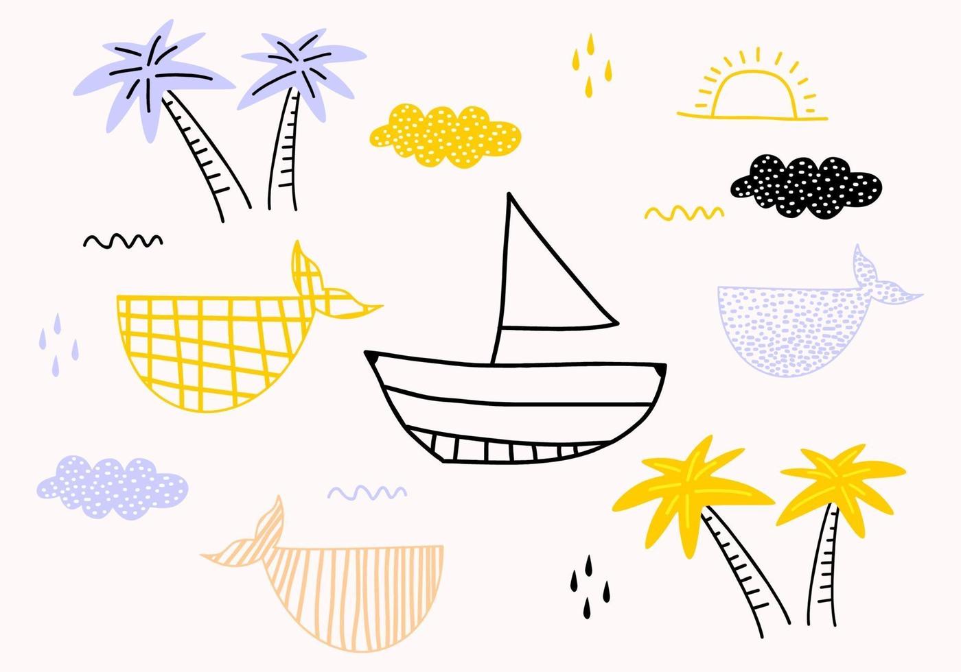 Ships, fish, sun, clouds, sea and waves in the concept of children's drawings. vector