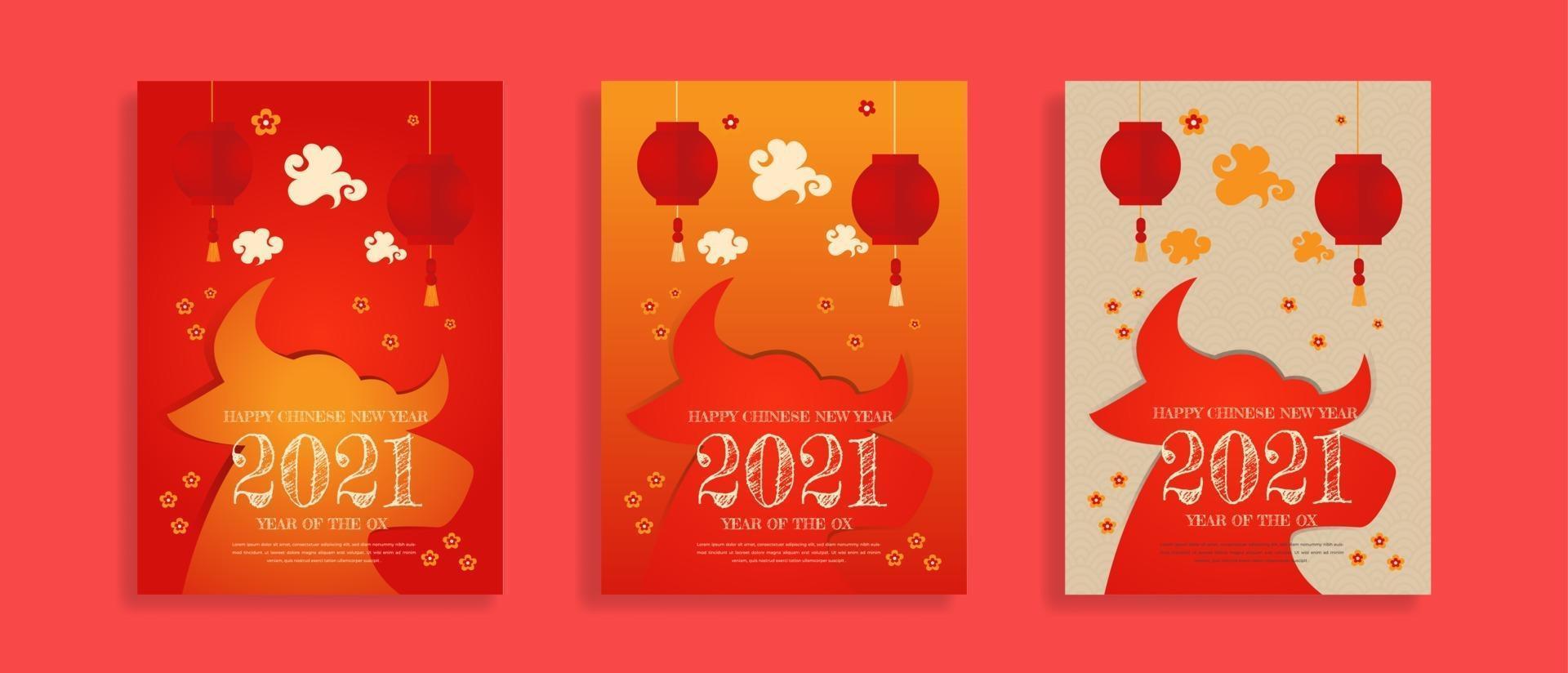 Chinese new year 2021 year of the ox Chinese zodiac symbol cards vector