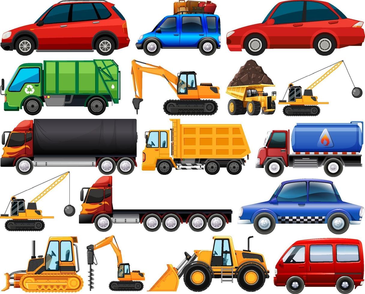 Set of different kind of cars and trucks isolated on white background vector