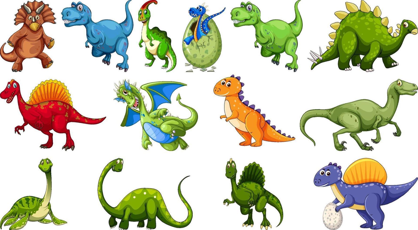 Conjunto de diferentes personajes de dibujos animados de dinosaurios aislado sobre fondo blanco. vector