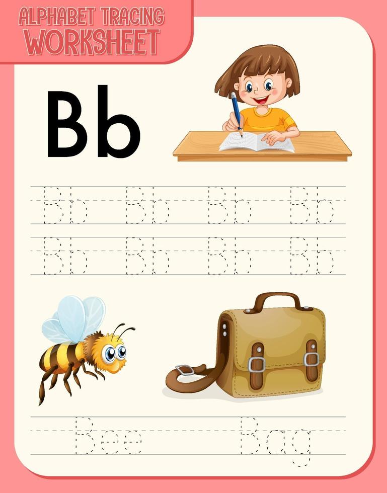 Alphabet tracing worksheet with letter and vocabulary vector