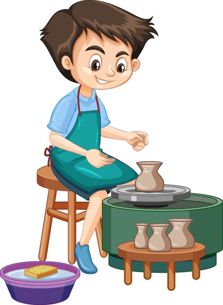 Cartoon character boy making pottery clay on white background vector