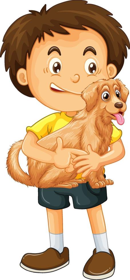 A boy holding cute dog cartoon character isolated on white background vector