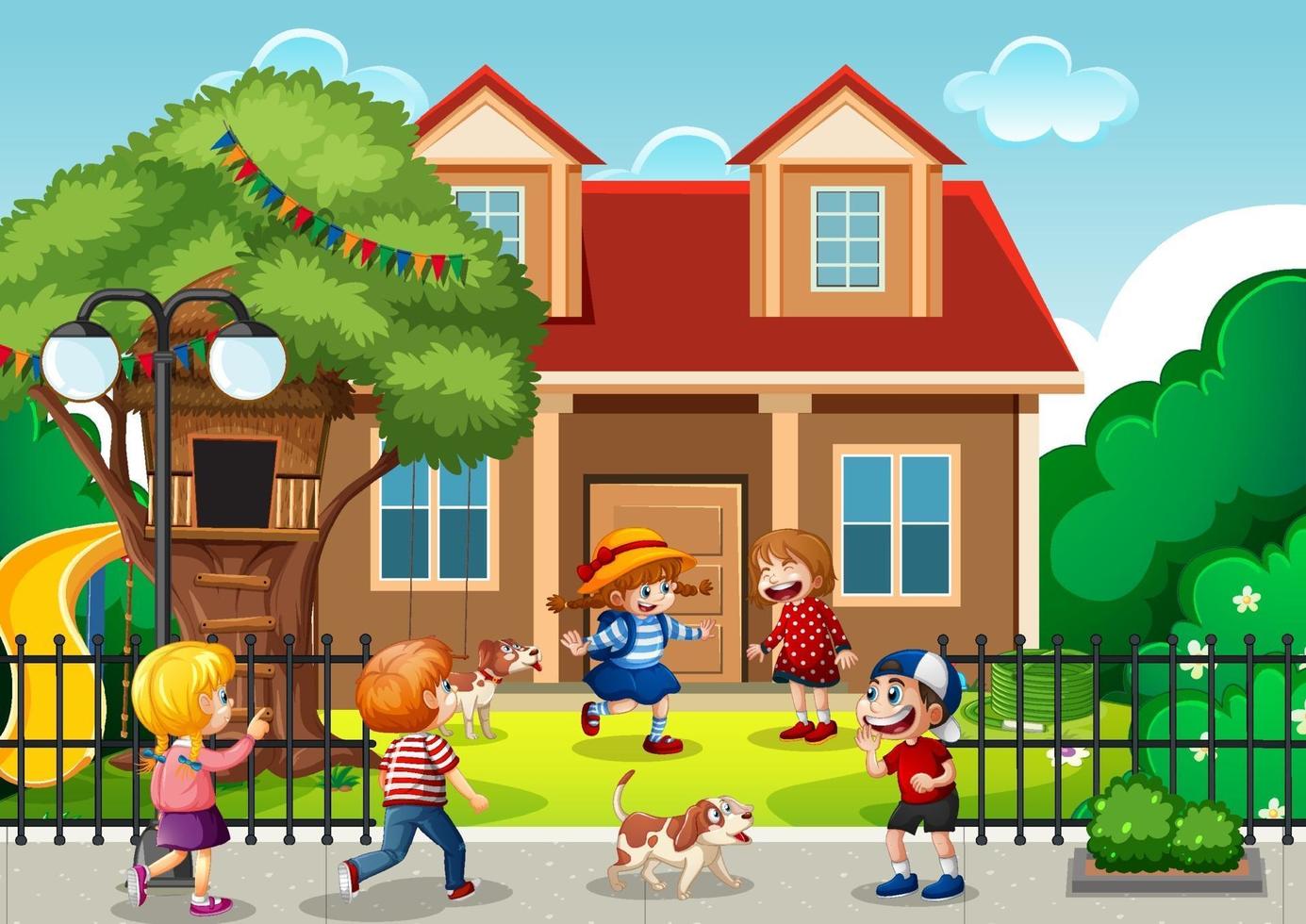 Outdoor scene with many children playing in front of the house vector