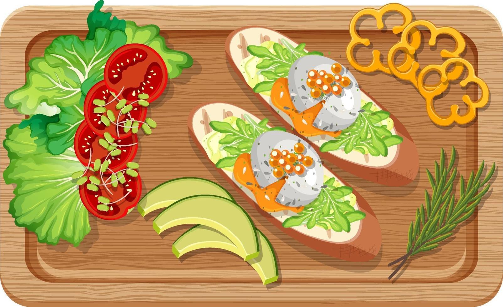 Top view of breakfast set in a cutting board isolated vector