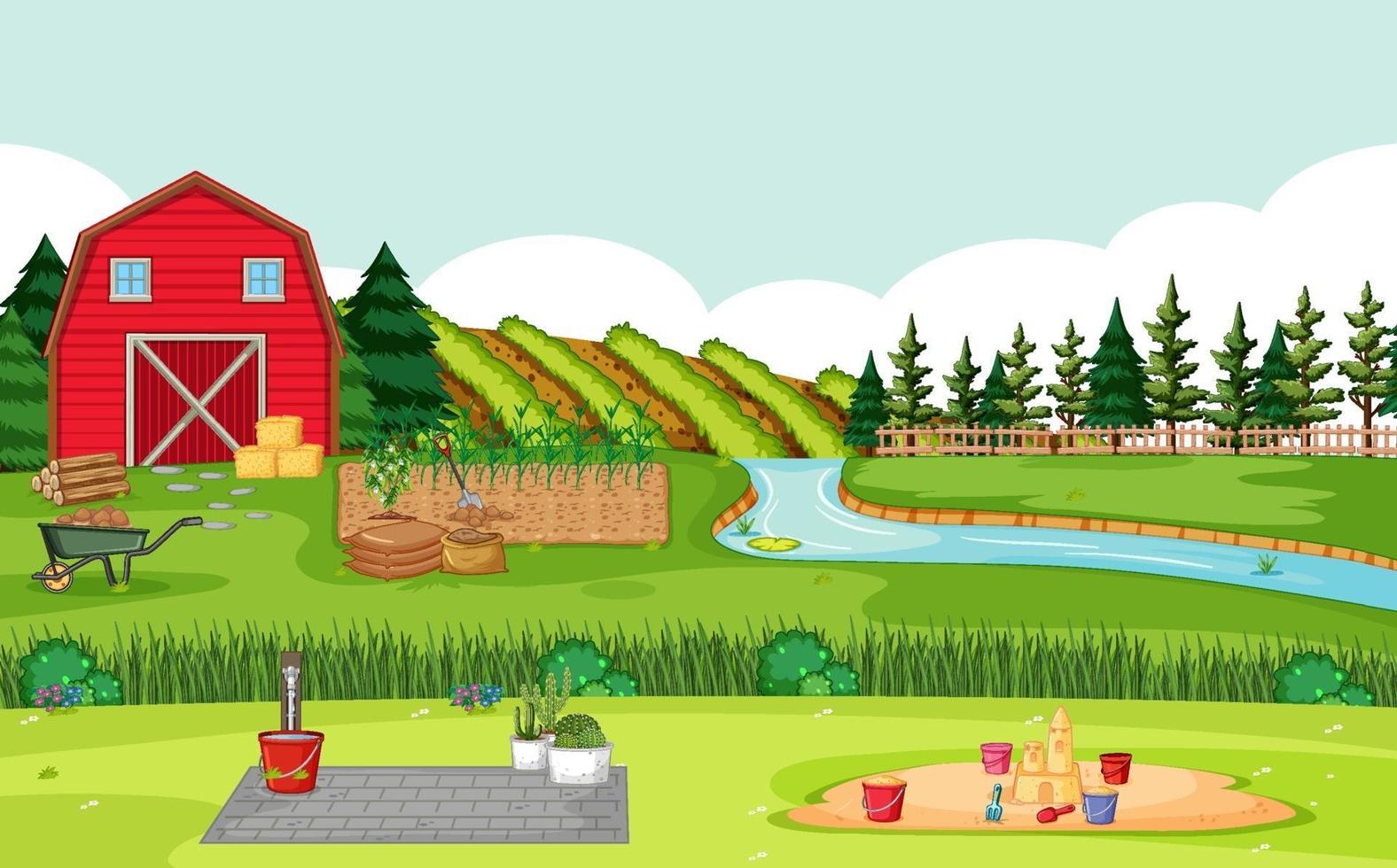 Escena de la granja con granero rojo en el paisaje de campo vector