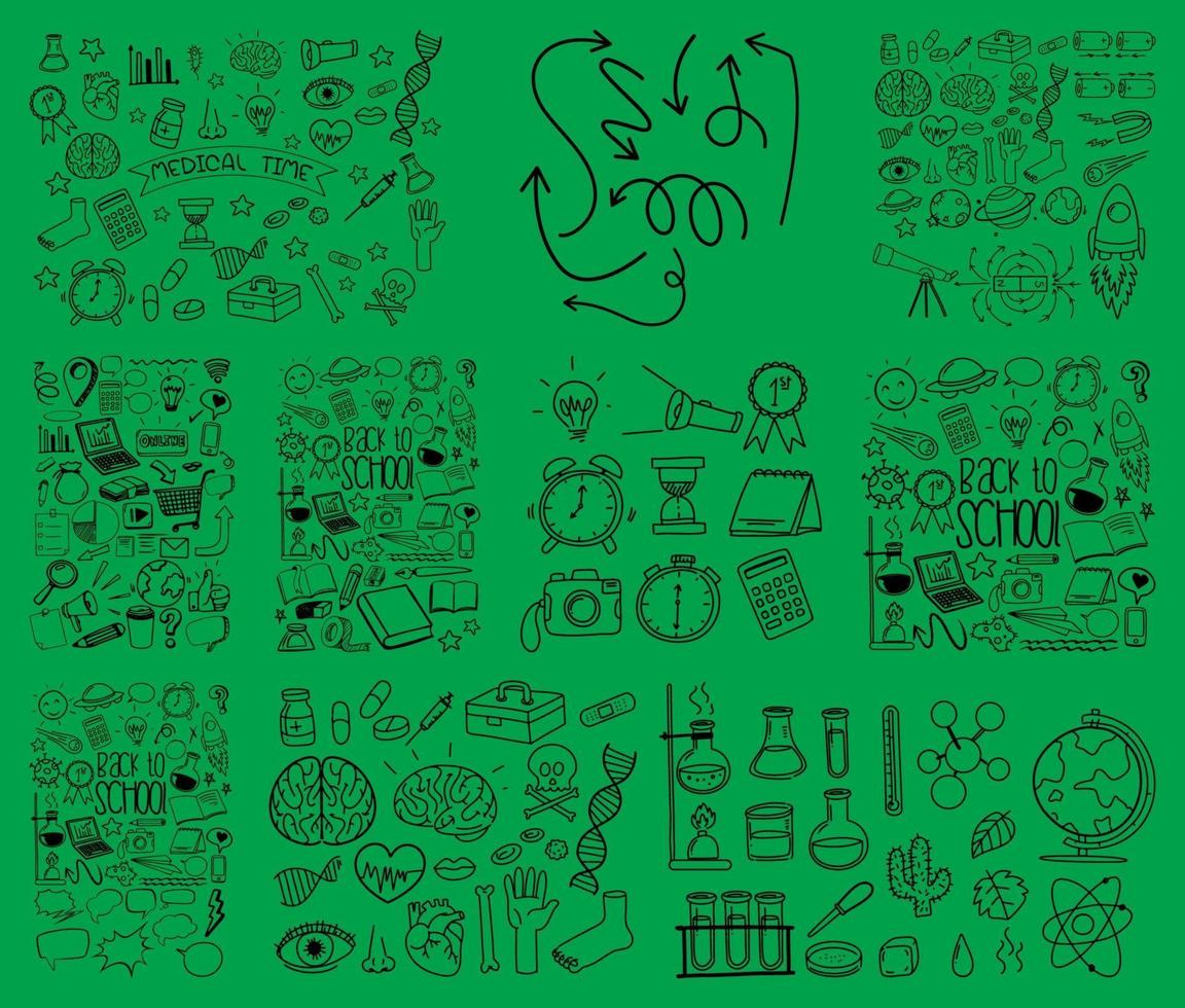 Set of object and symbol hand drawn doodle on green background vector