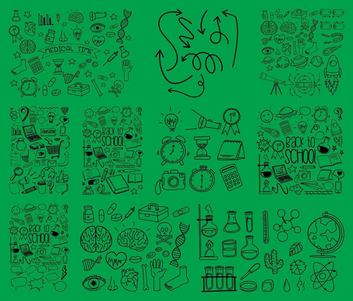 conjunto de objetos y símbolos doodle dibujados a mano sobre fondo verde vector