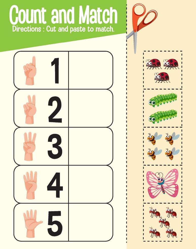 Count and match game, maths worksheet for children vector