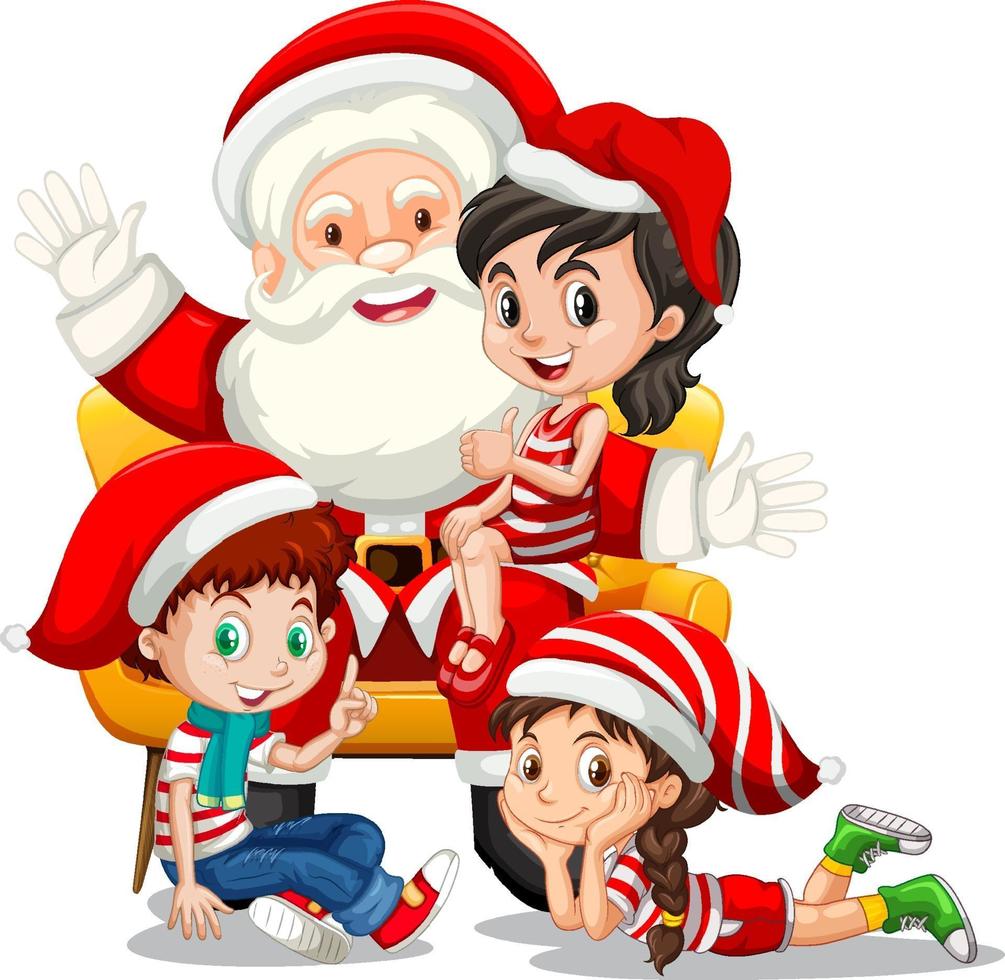 Papá Noel sentado en un regazo con muchos niños sobre fondo blanco. vector