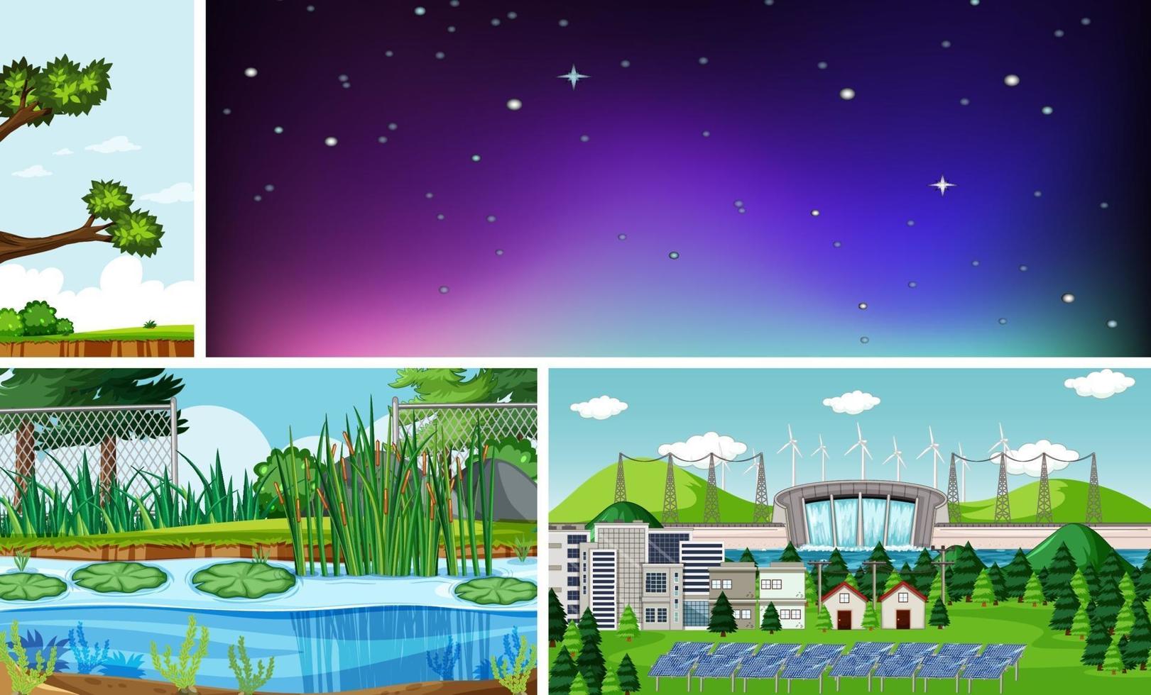 cuatro escenas diferentes en estilo de dibujos animados de entorno natural vector