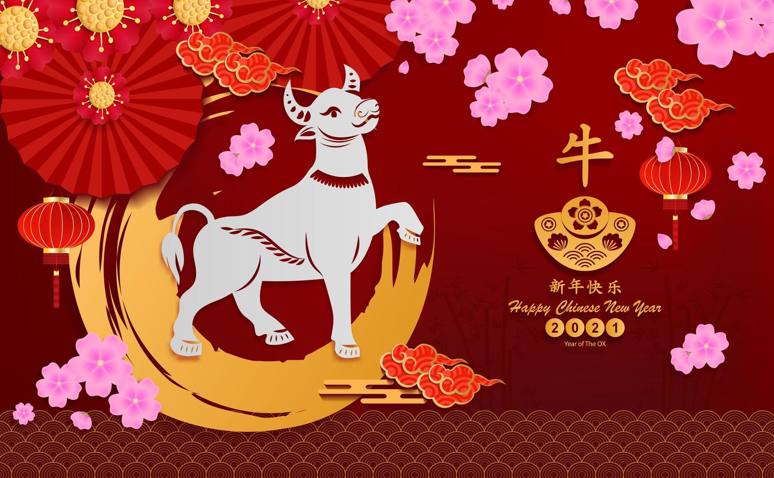 Happy Chinese new year 2021 Vector paper cut ox asian elements and follower. Chinese translation is Happy chinese new year 2021