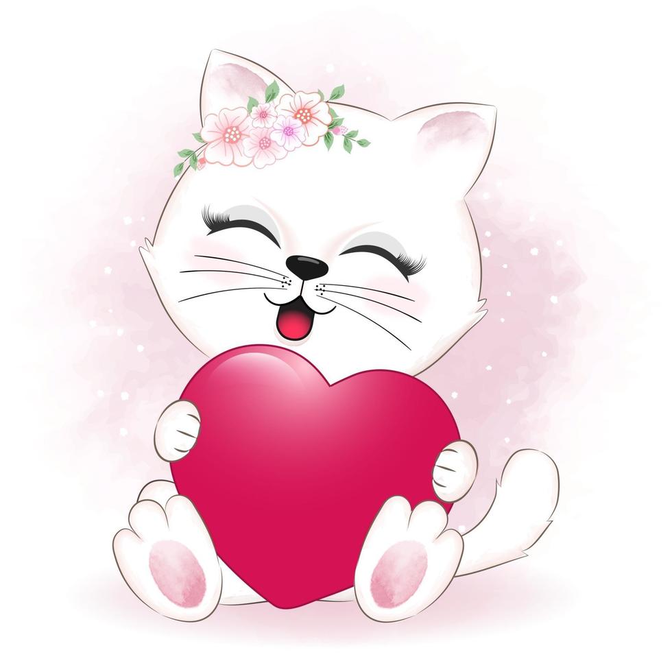 Little cat and heart valentine vector