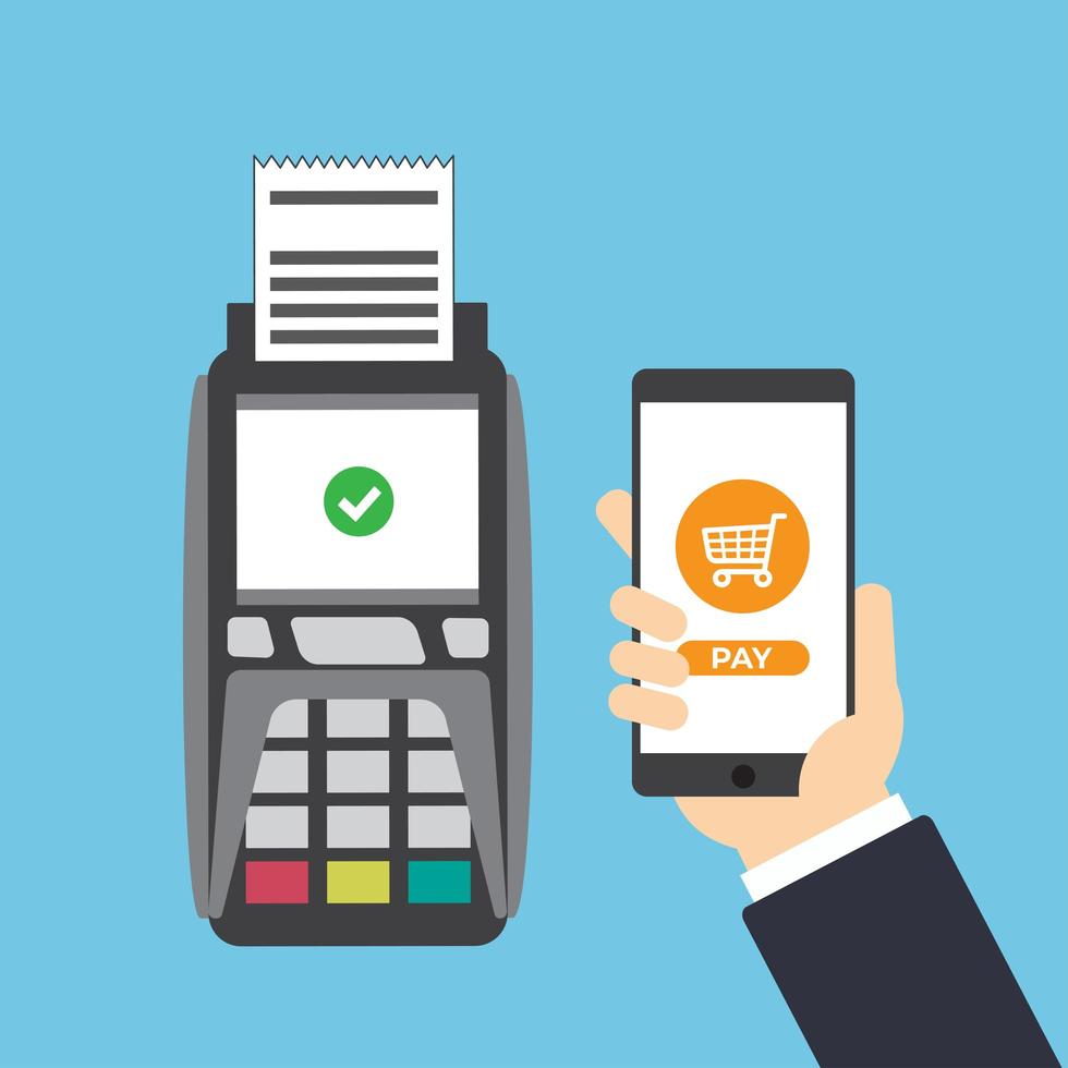 Mobile Payment Via Smartphone Pos Terminal Hand Holding Smartphone Payment vector