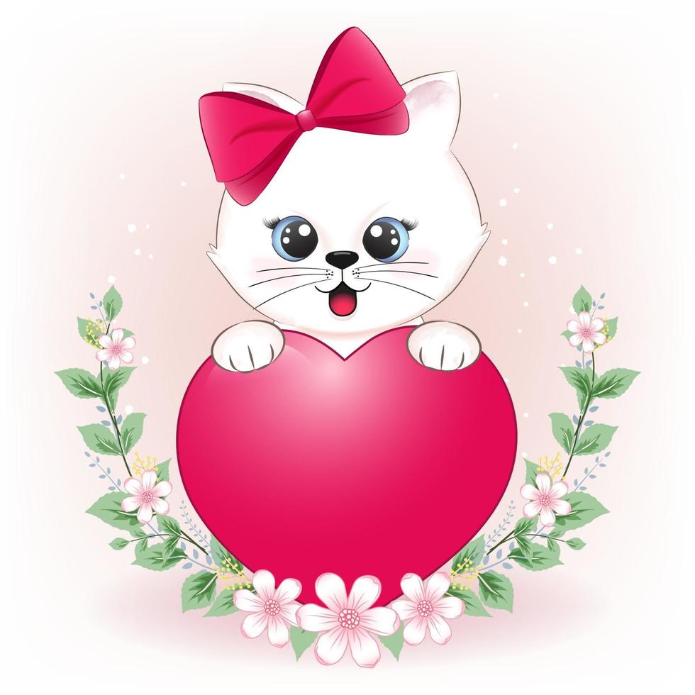 gatito y corazón con marco de flores vector