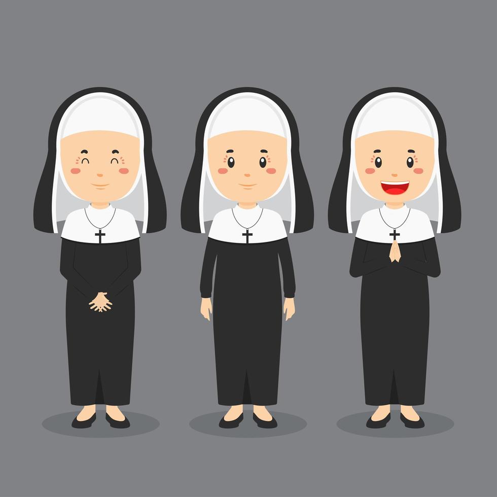monja de carácter católico con varias expresiones. vector