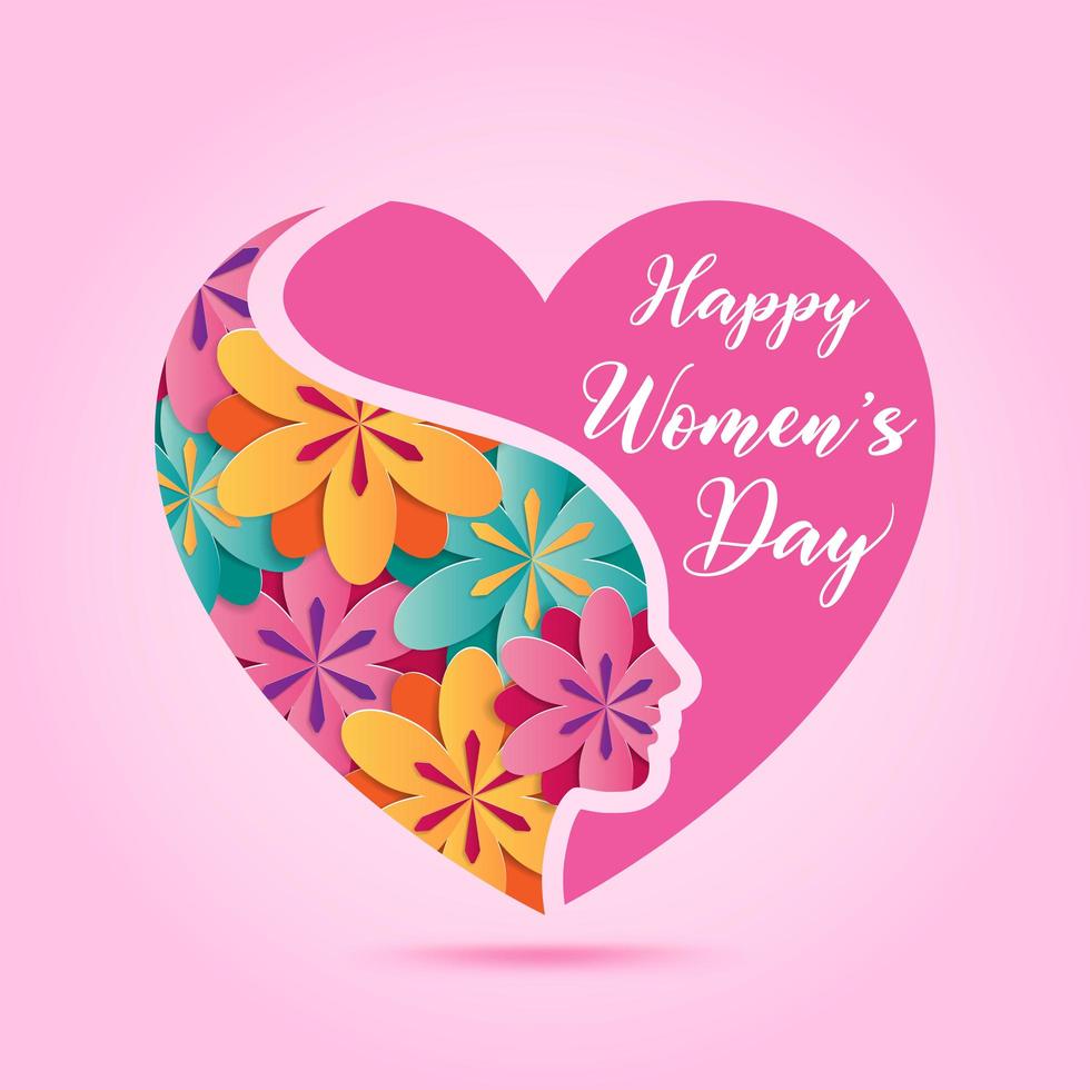 8 de marzo, elemento de diseño del día de la mujer con flores de colores en corazón rosa. vector