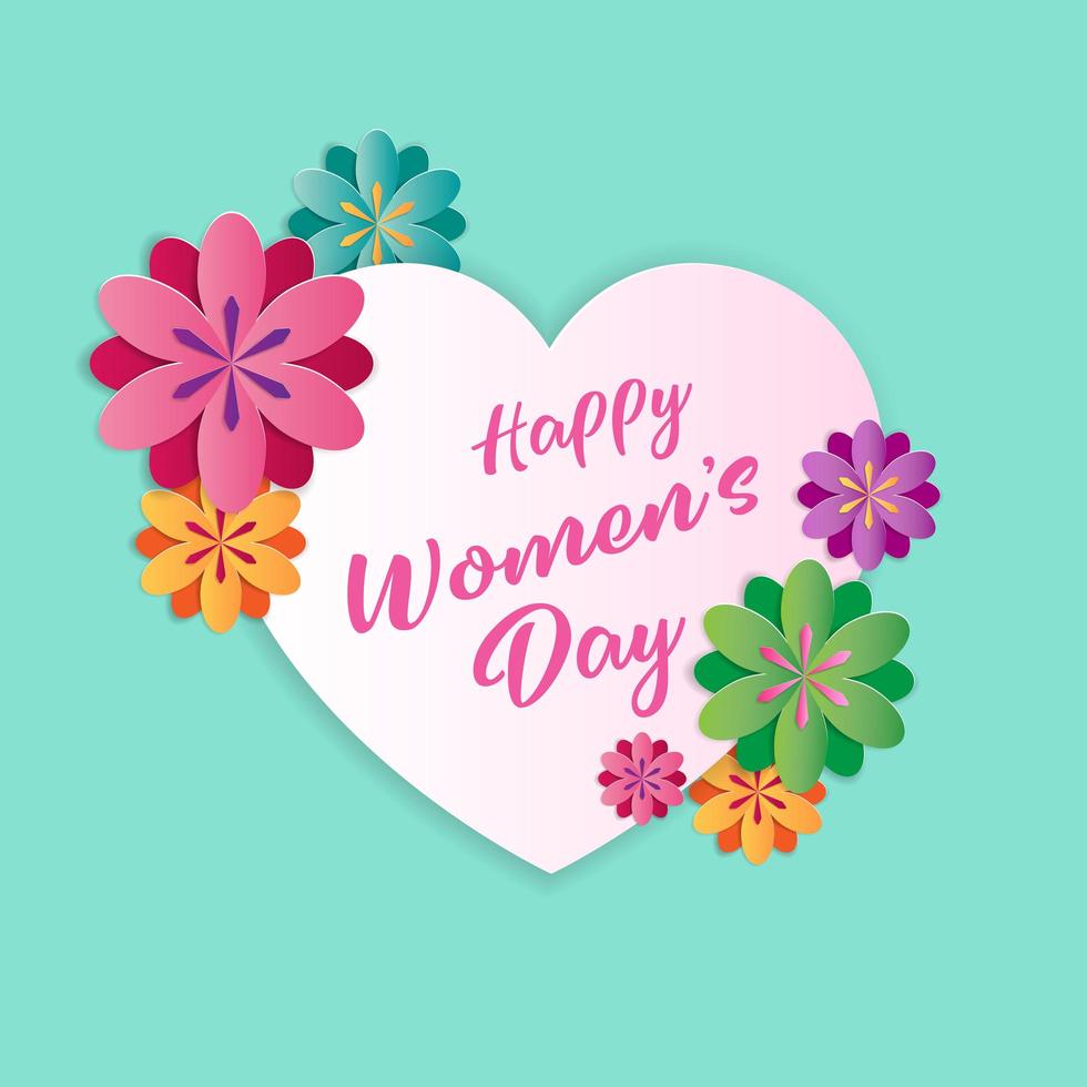 Happy women's day, design element with white heart and colorful flower. vector