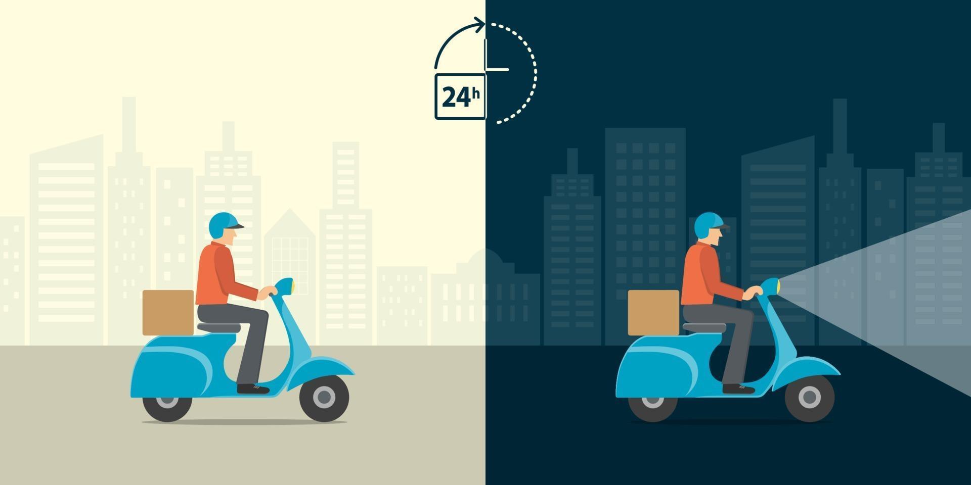 Delivery 24 hour concept. Delivery man ride scooter motorcycle service with all day all night background. Fast and free worldwide shipping. vector