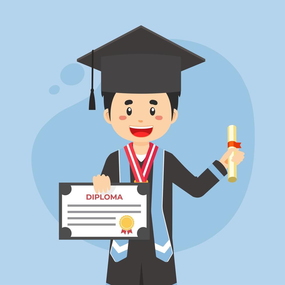 Feliz estudiante graduado con sombrero negro y abrigo con diploma vector