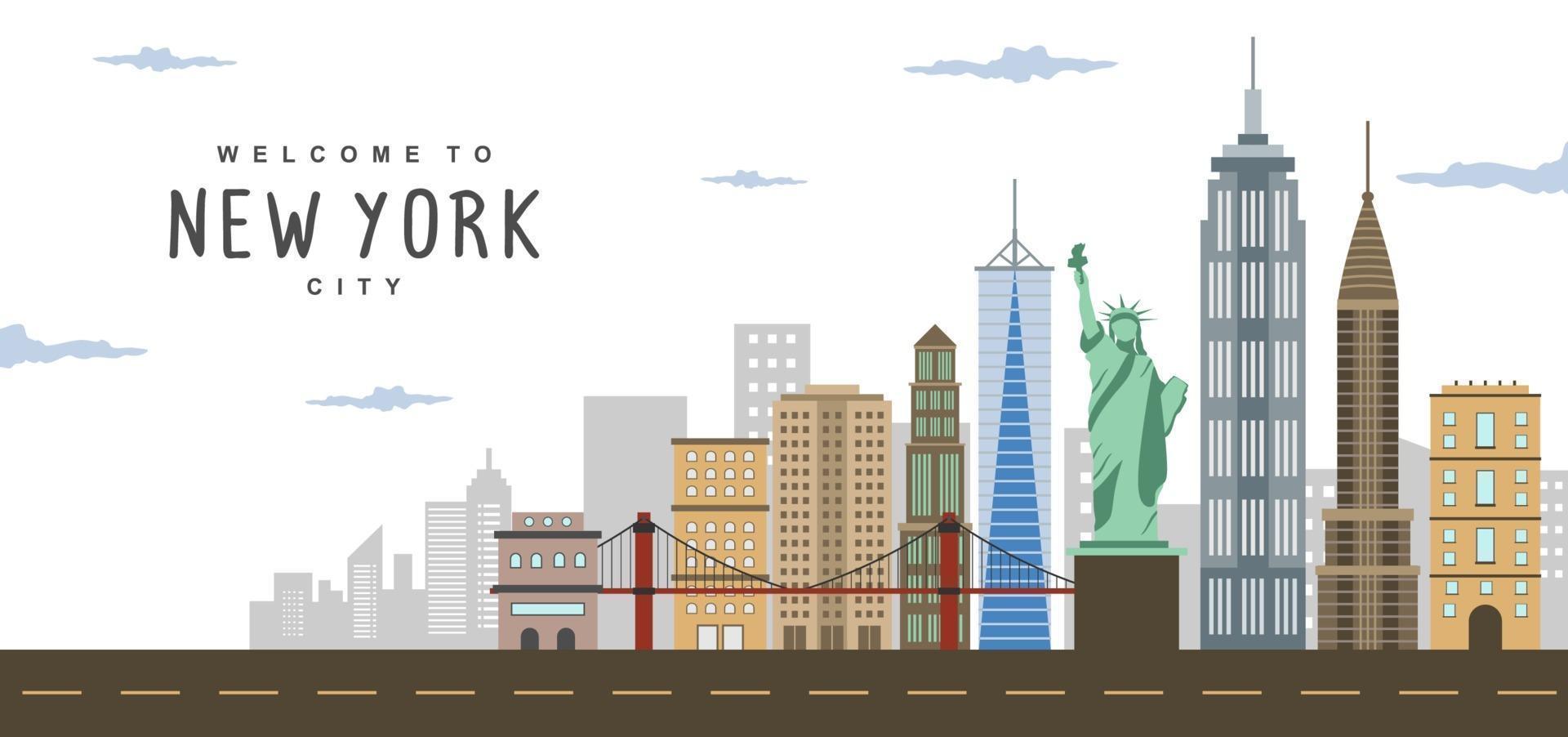 Escena del paisaje panorámico de la ciudad de nueva york con el puente de brooklyn, la estatua de la libertad y una vista de gran angular del bajo manhattan. vector