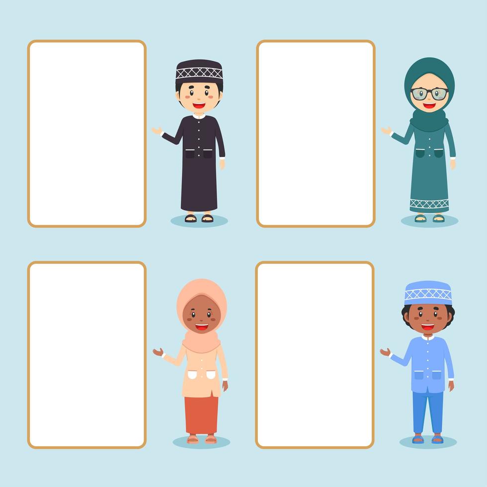 Muslim Kids Standing Beside Empty Board Cartoon Set vector