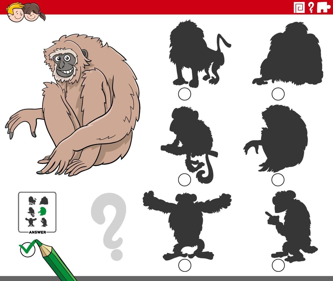 Tarea de sombras con personaje animal mono gibón de dibujos animados vector