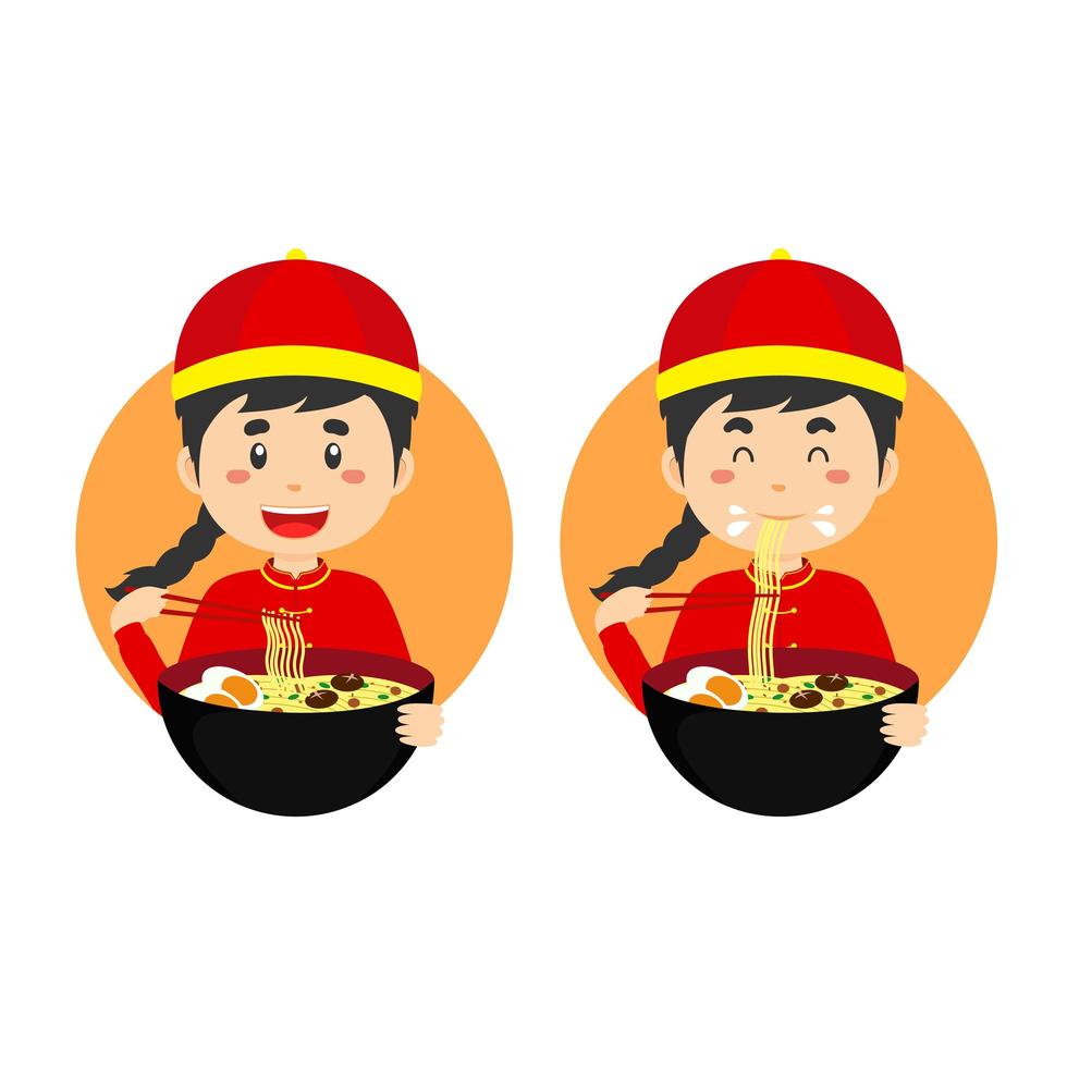 Cute Boy Traditional Chinese Attire Eating Bowl Ramen Noodle vector