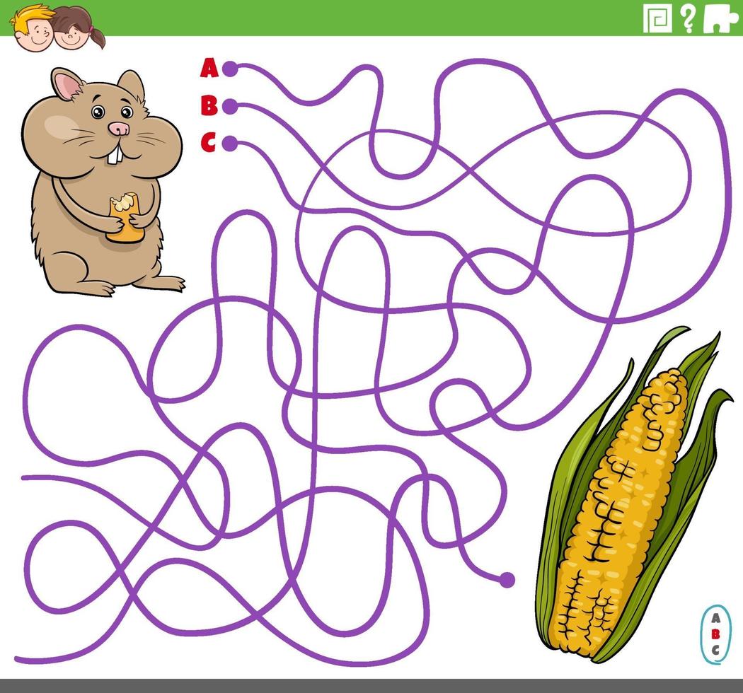 educational maze game with cartoon hamster and corn cob vector