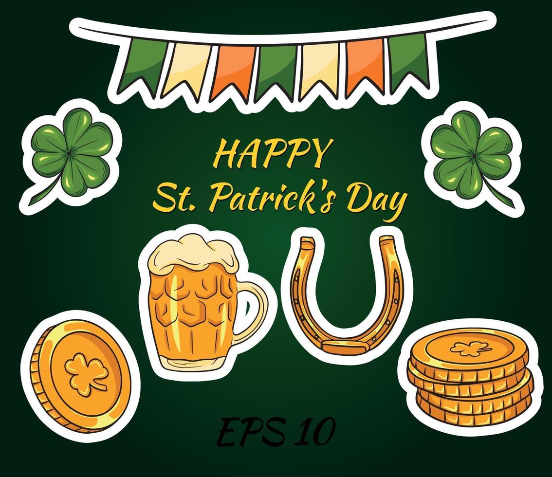 Happy St. Patricks Day background with Irish icons and symbols of the holiday. Vector images.