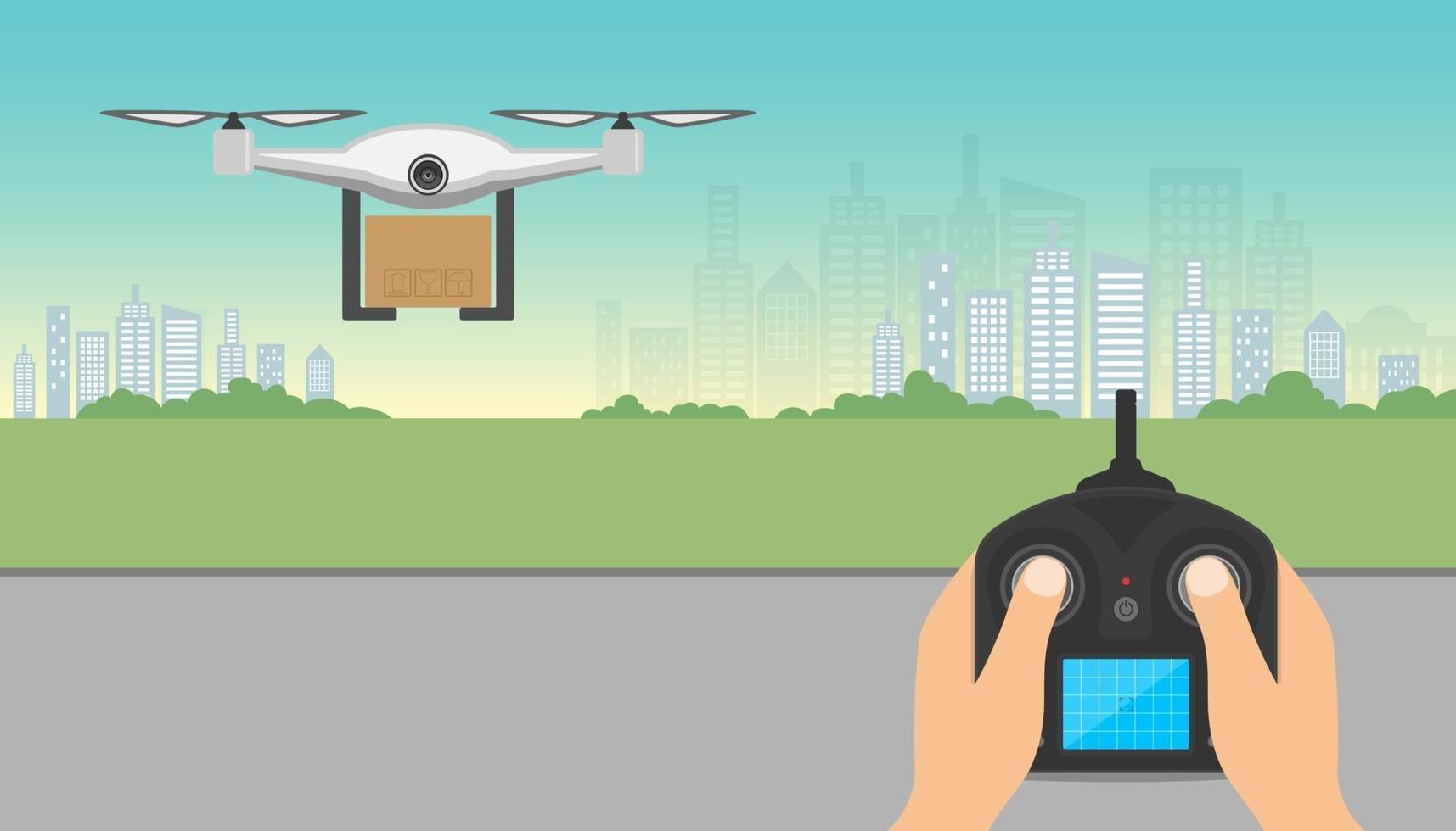 Drone delivery concept. Drone carrying cardboard box with remote control flying over city. Copter or quadcopter service, order, worldwide shipping. vector