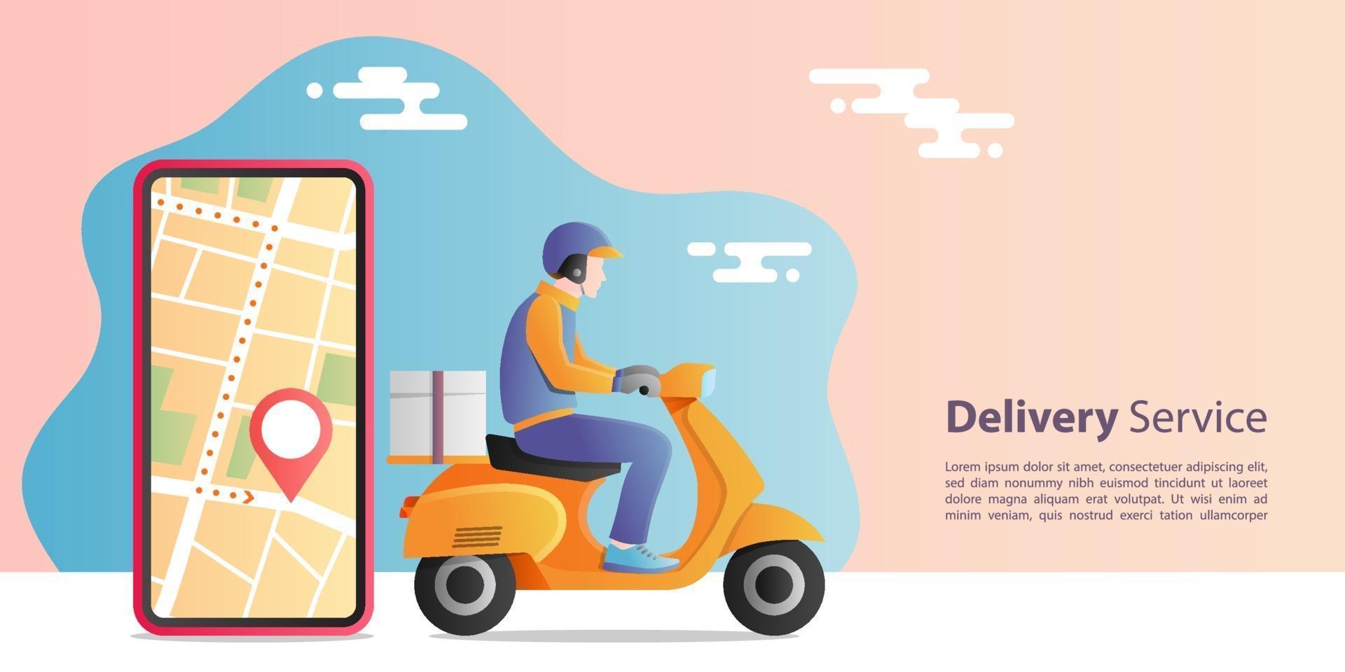 concepto de entrega urgente en línea. repartidor montando motocicleta scooter para servicio con aplicación móvil de ubicación. concepto de comercio electrónico. vector