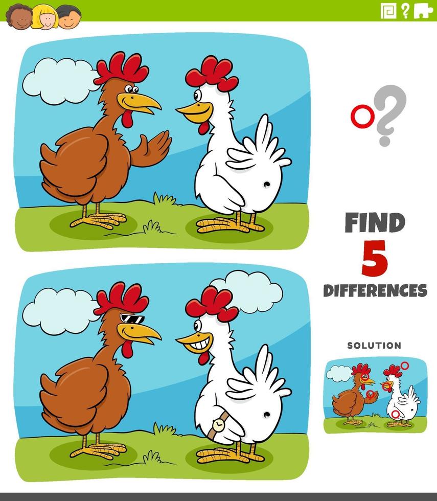 juego educativo de diferencias para niños con dos gallinas o pollos vector