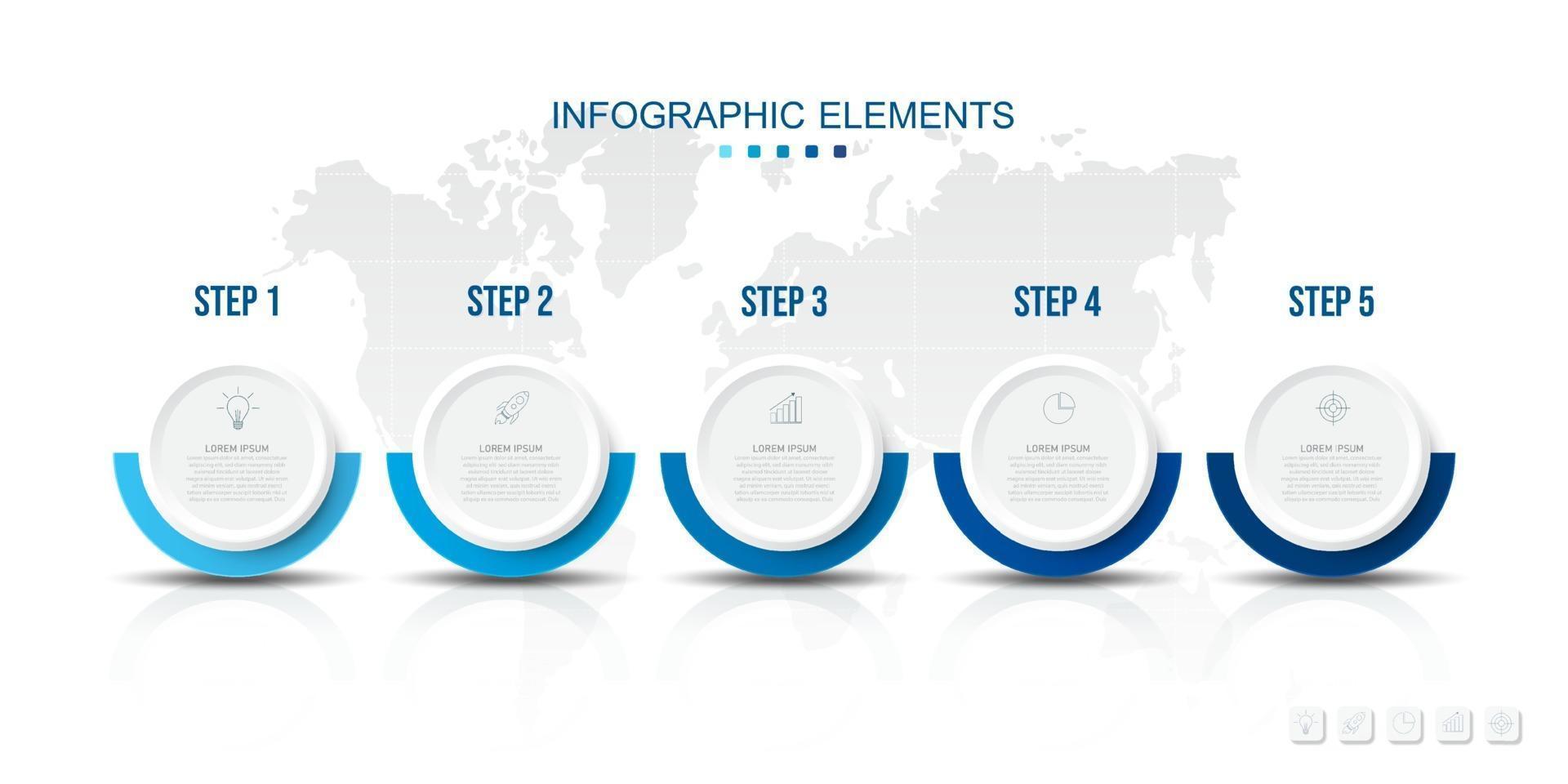 Plantilla de proceso de infografías con círculos de papel, iconos de 5 pasos. vector