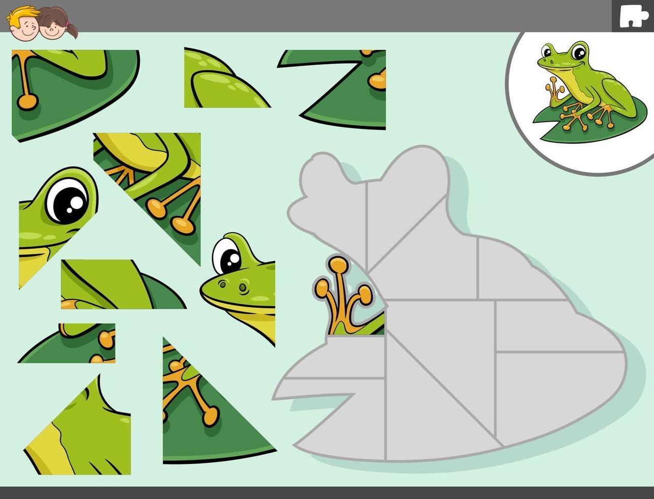 jigsaw puzzle game with green frog animal character vector