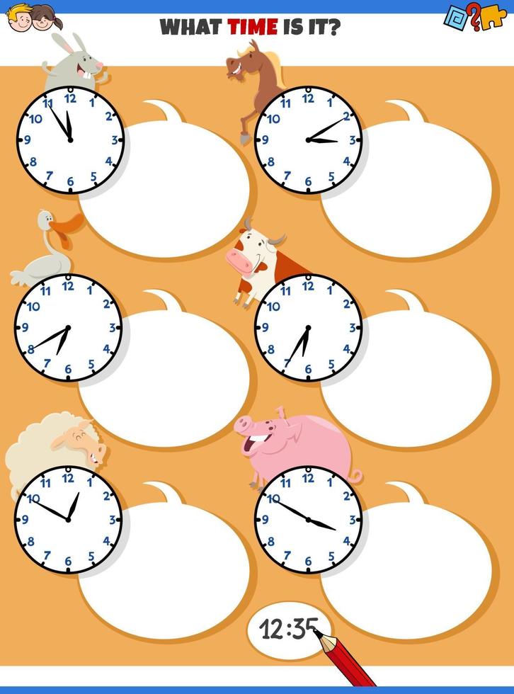juego educativo de decir la hora con animales de granja de dibujos animados vector