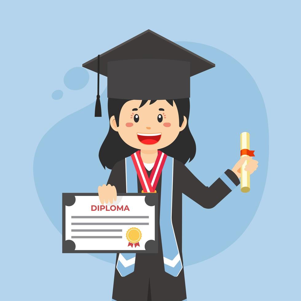 Feliz estudiante graduado con sombrero negro y abrigo con diploma vector