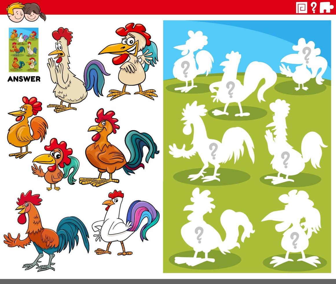 matching shapes game with cartoon rooster characters vector