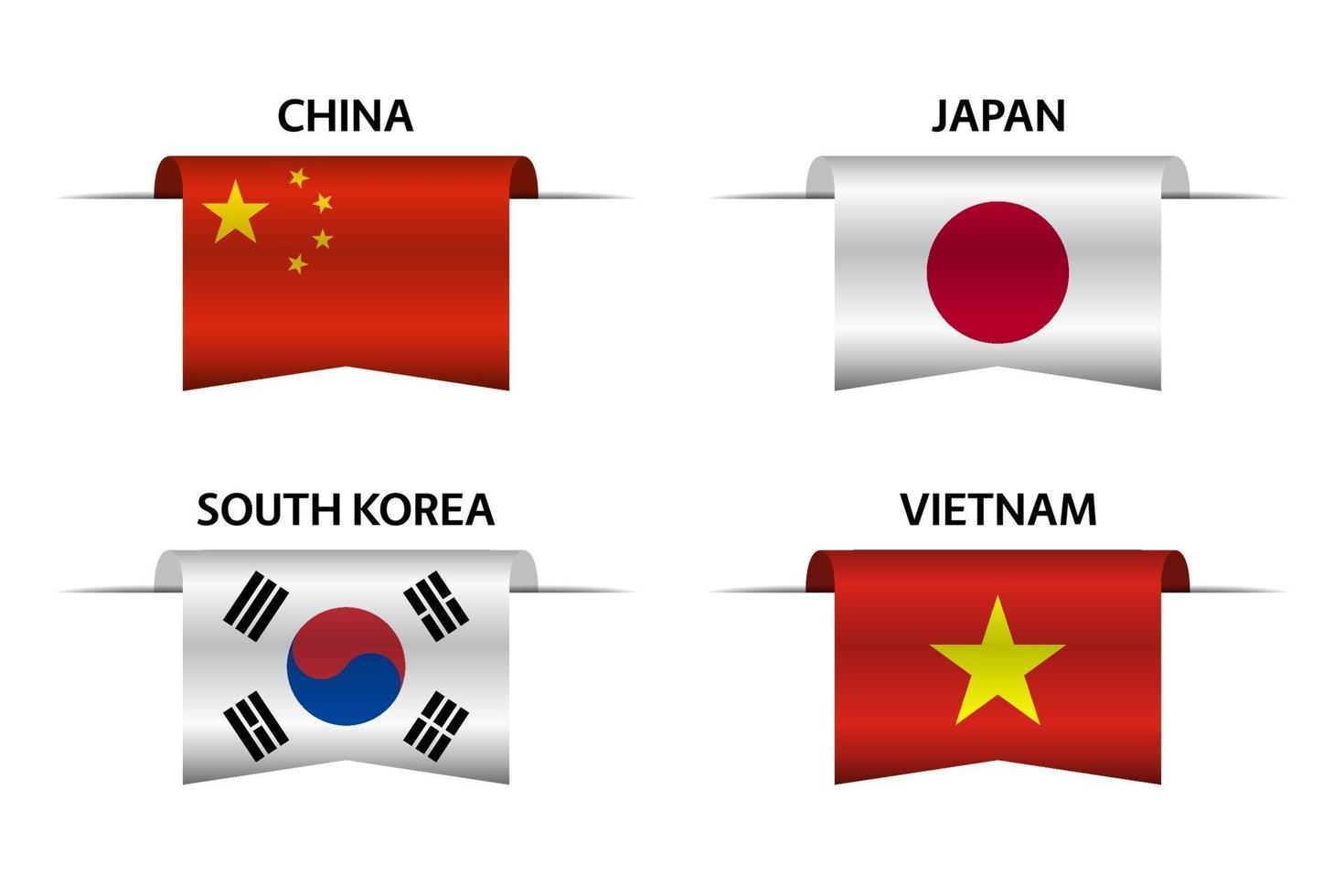 conjunto de cuatro cintas chinas, japonesas, coreanas y vietnamitas. fabricado en china, fabricado en japón, fabricado en corea del sur y fabricado en vietnam pegatinas y etiquetas. vector iconos simples con banderas