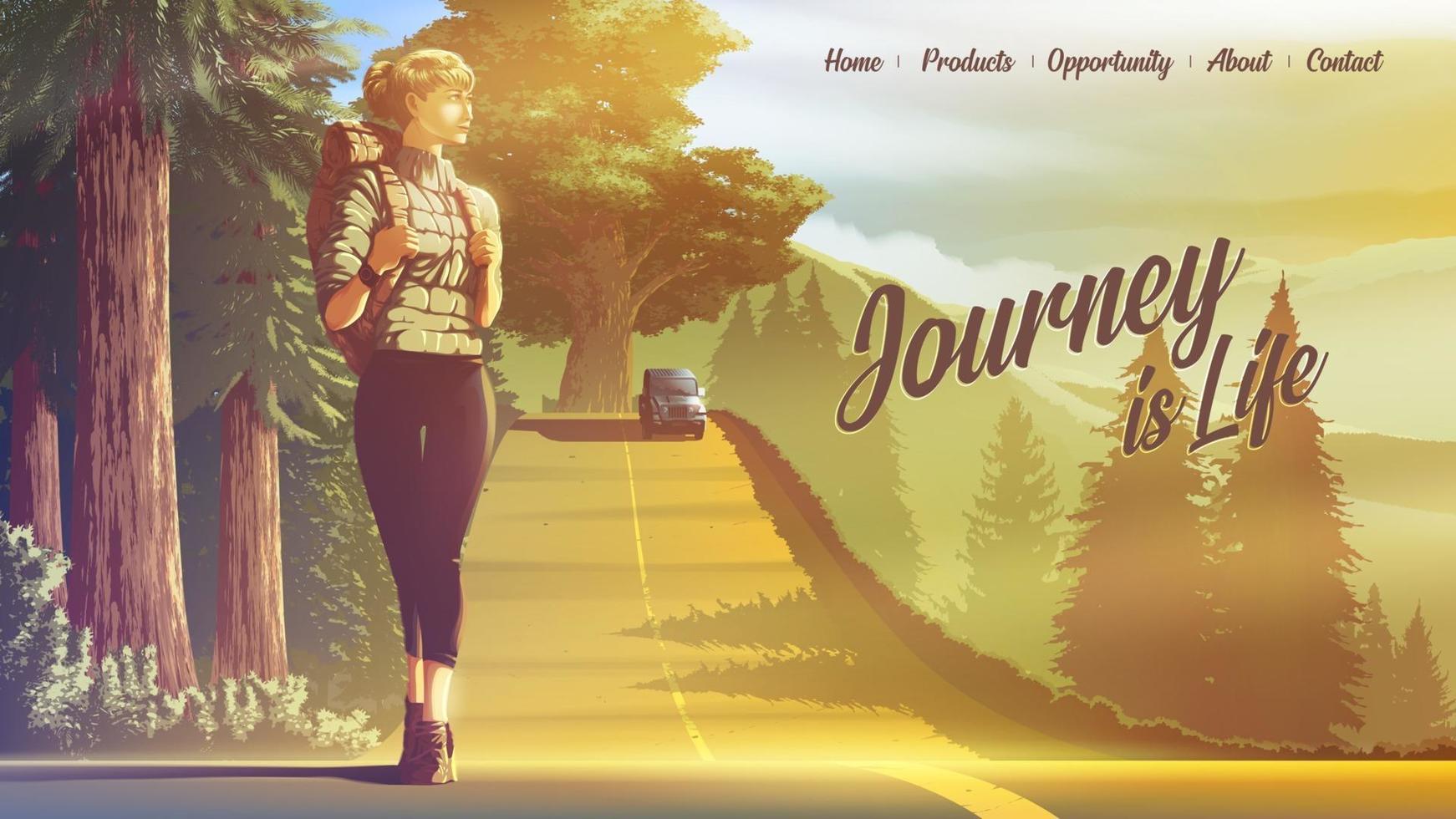 vector illustration of landing page of female backpacker traveling alone and walking on the road