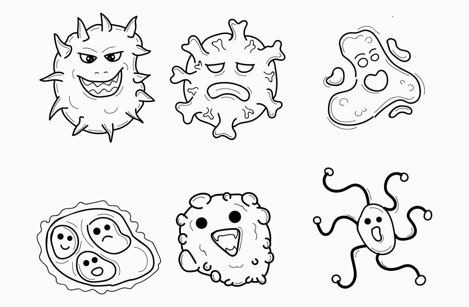Set of corona virus icons. Hand drawn line art cartoon vector illustration.