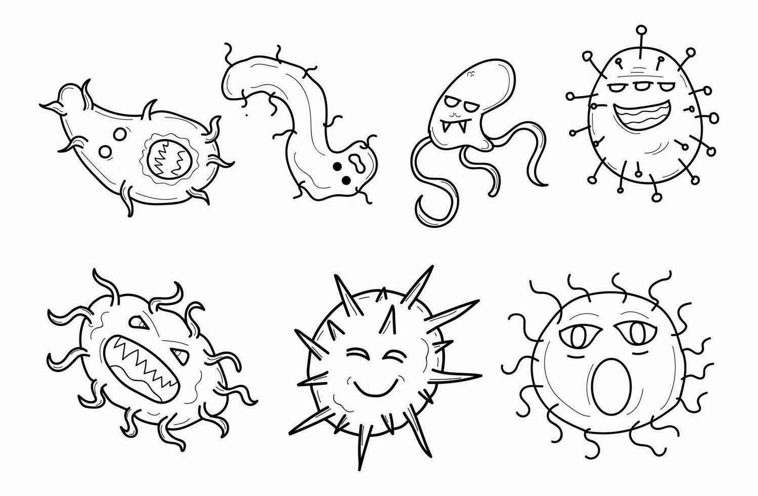 Set of corona virus icons. Hand drawn line art cartoon vector illustration.