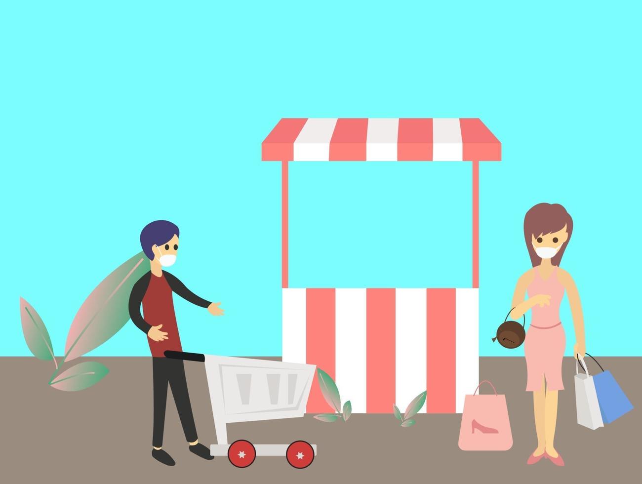 People wearing a mask doing social distancing while standing in a queue in the Shopping mall. People holding a shopping basket and waiting for the payment. Illustration about the new normal. vector